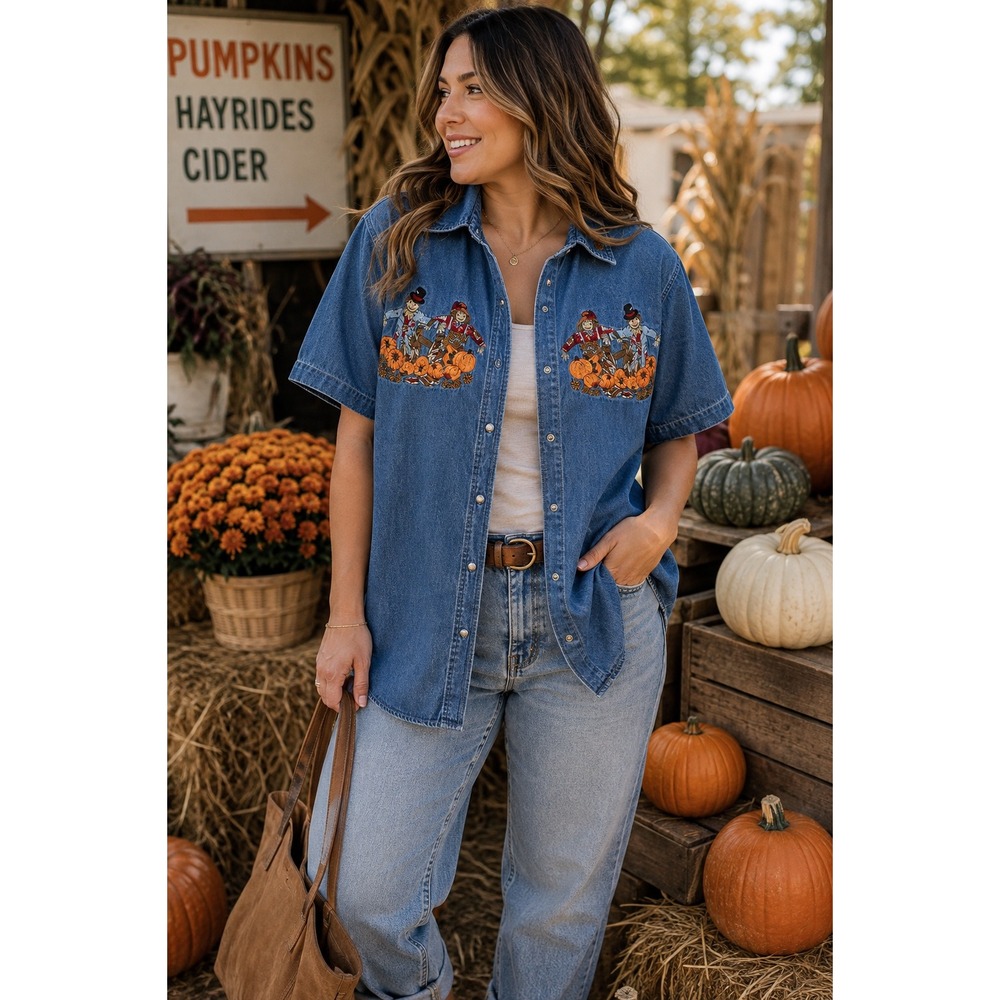 Bobbie Brooks Womens Large Denim Shirt Short Sleeve Embroidered Scarecrow Fall L
